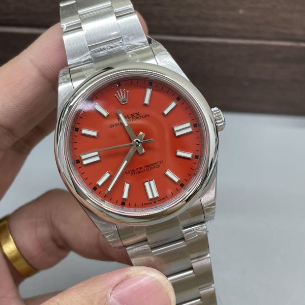 VS Factory Rolex Oyster Perpetual 41mm Coral Red Dial Smooth Bezel Oyster Bracelet (124300) — detail view 2