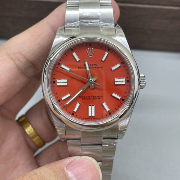 VS Factory Rolex Oyster Perpetual 41mm Coral Red Dial Smooth Bezel Oyster Bracelet (124300) — front product view