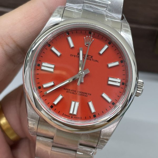 VS Factory Rolex Oyster Perpetual 41mm Coral Red Dial Smooth Bezel Oyster Bracelet (124300) — detail view 3