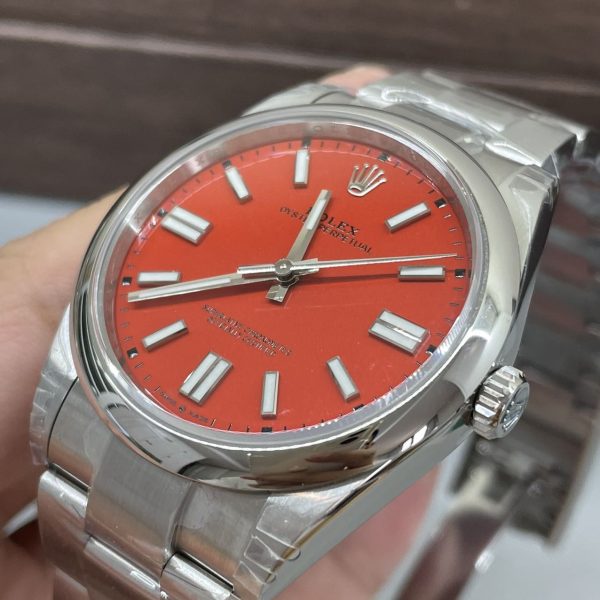 VS Factory Rolex Oyster Perpetual 41mm Coral Red Dial Smooth Bezel Oyster Bracelet (124300) — detail view 4
