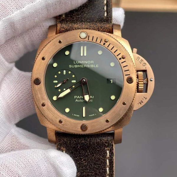 VS Factory Panerai Submersible 47mm1950 Matte Olive Green Dial Bronzo Bezel Brown Leather Strap… — detail view 1
