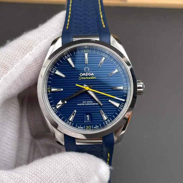 VS Factory Omega Seamaster Aqua Terra 150M 41mm Blue Dial Smooth Bezel Yellow Seconds Hand… — front product view