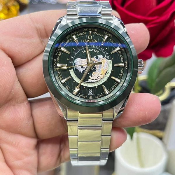 VS Factory Omega Seamaster Aqua Terra 150M GMT Worldtimer 43mm Green Dial Green Ceramic Bezel… — front product view