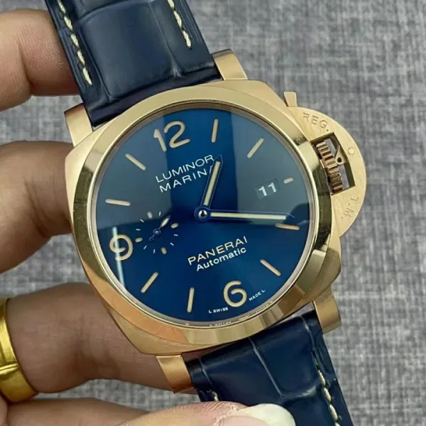 Panerai Luminor PAM01114 VSF Replica Watch — 44mm, Blue Sandwich Dial, Rose Gold, Leather, P.9010