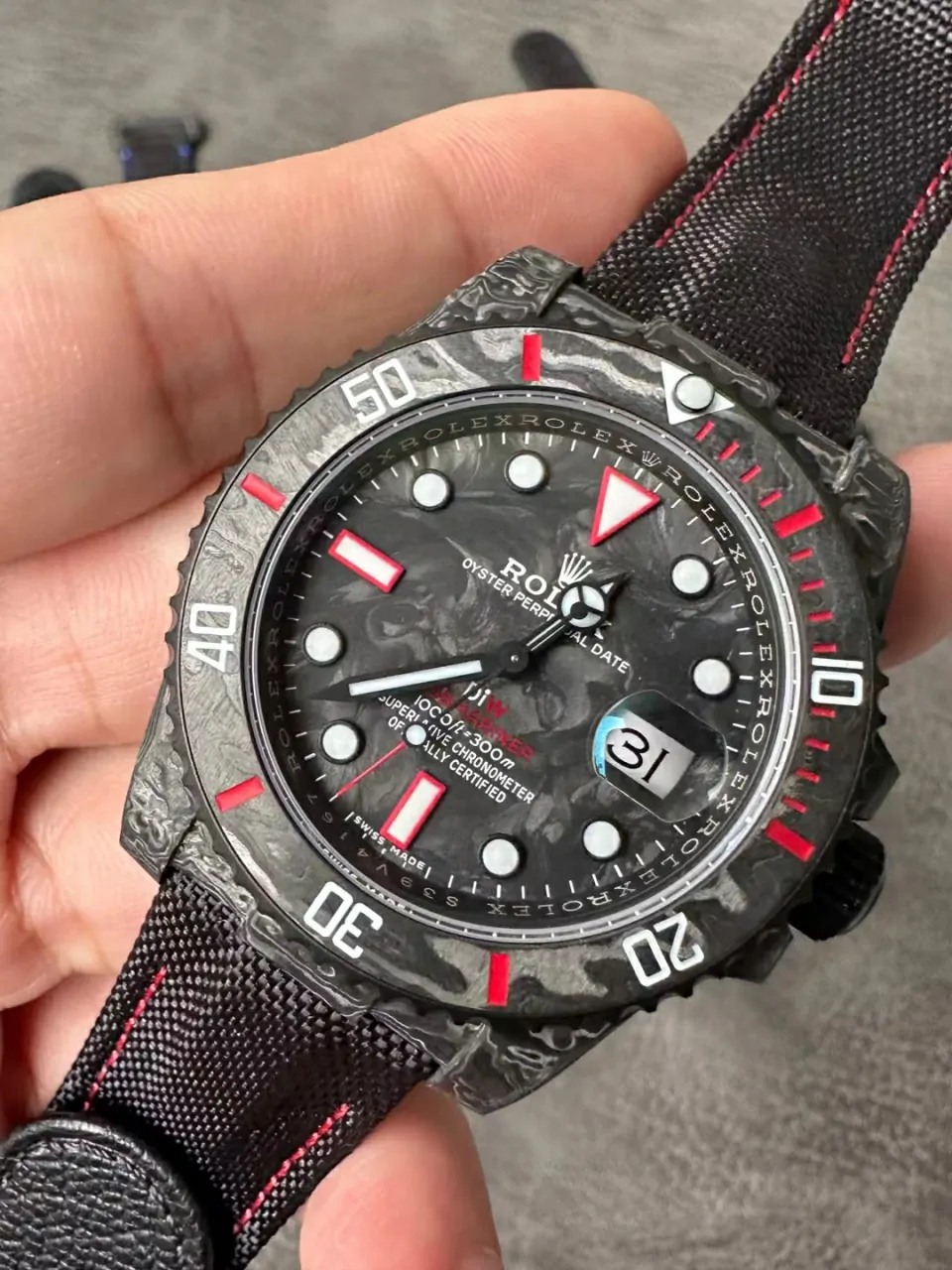 Rolex Submariner VSF Replica Watch — Forged Carbon Dial, Nylon, DiW Carbon Red Element, DD3135 - Image 2